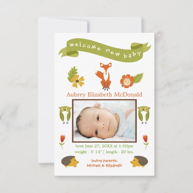 Bienvenue Nouveau Bébé Woodland - Faire-part de na (Devant)