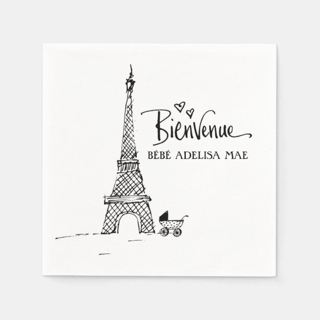 Bienvenue Paris Doodle Sketch Baby Shower Napkin (Front)