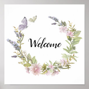Bienvenue Poster Floral Butterfly Wreath