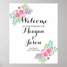 Bienvenue Poster Mariage Floral Aquarelle Roses