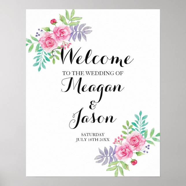 Bienvenue Poster Mariage Floral Aquarelle Roses (Devant)
