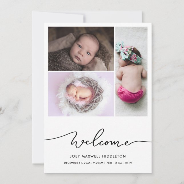 Bienvenue Script Baby Photo Faire-part de naissanc (Devant)