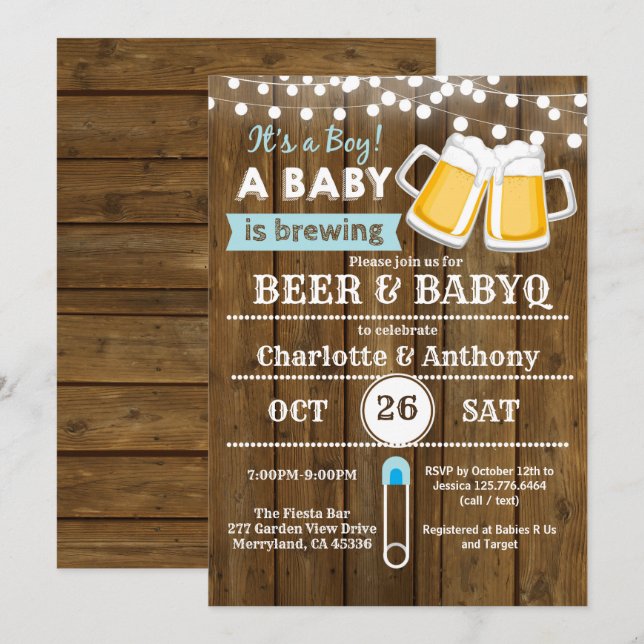 Bière et BabyQ couples baby shower invitation bois (Devant / Derrière)