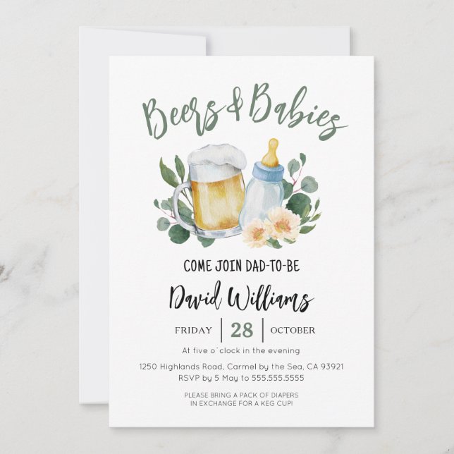 Bière et bébé Baby shower vert Invitation (Devant)