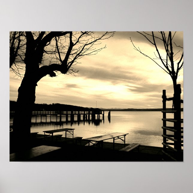 Biergarten by the lake monochrome poster (Front)