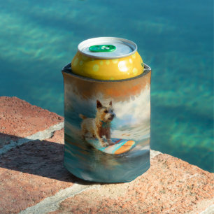 Biewer Terrier Beach Surfing Painting  Can Cooler