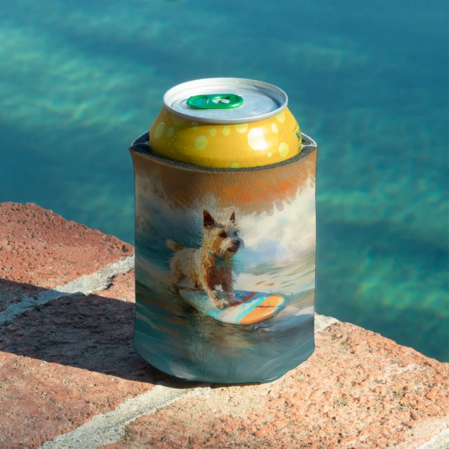 Biewer Terrier Beach Surfing Painting  Can Cooler (In Situ Pool)