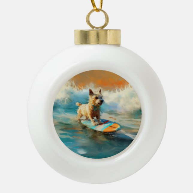 Biewer Terrier Beach Surfing Painting  Ceramic Ball Christmas Ornament (Front)