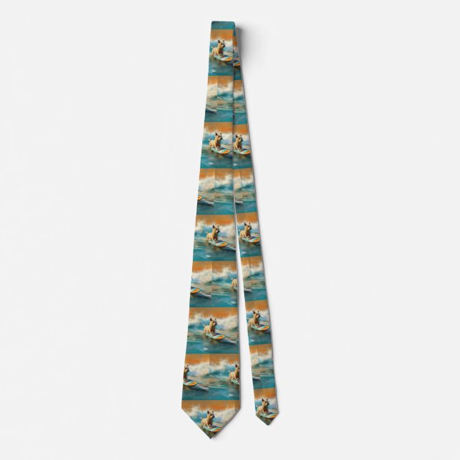 Biewer Terrier Beach Surfing Painting  Tie (Front)