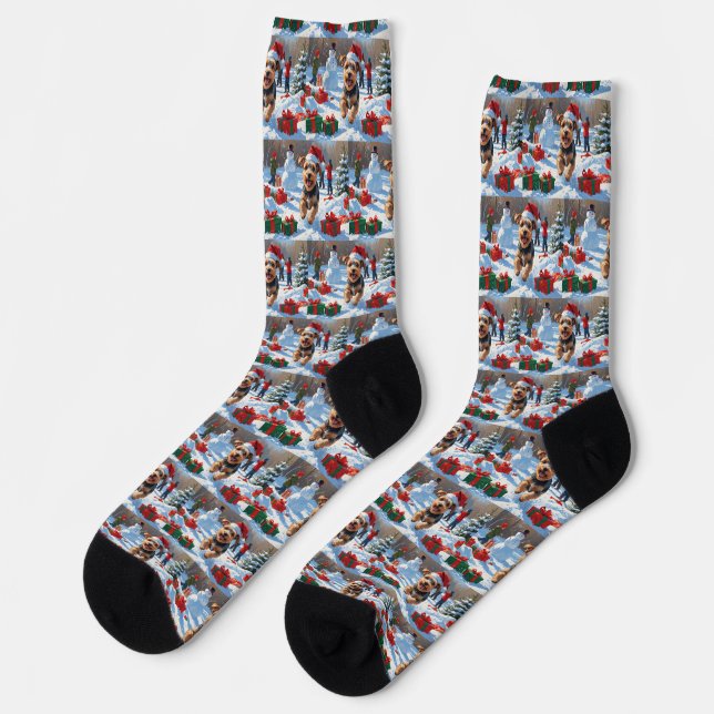 Biewer Terrier Christmas Festive Snow Scene  Socks (Left)