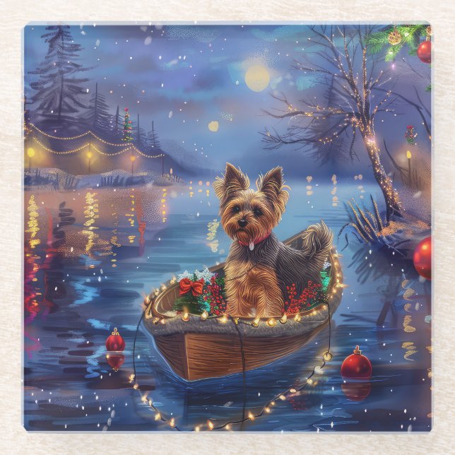 Biewer Terrier Christmas Festive Voyage Glass Coaster (Front)