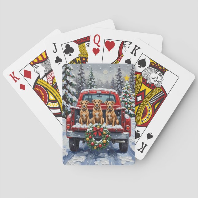 Biewer Terrier Christmas Red Truck Holiday Playing Cards (Back)