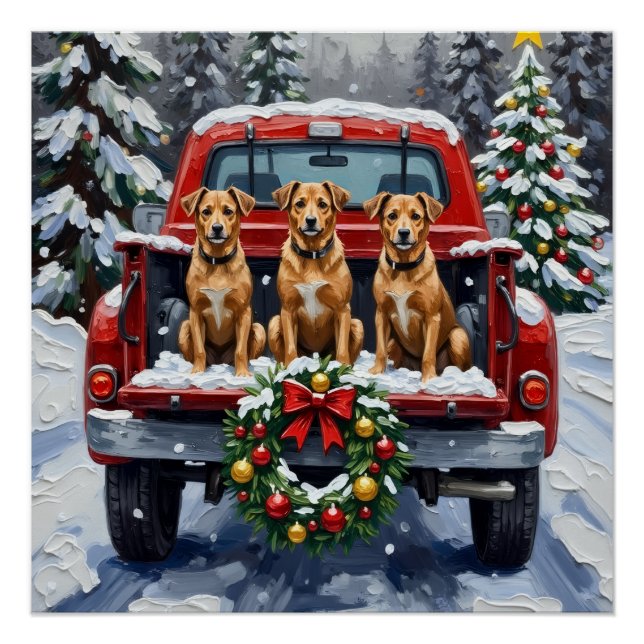 Biewer Terrier Christmas Red Truck Holiday Poster (Front)