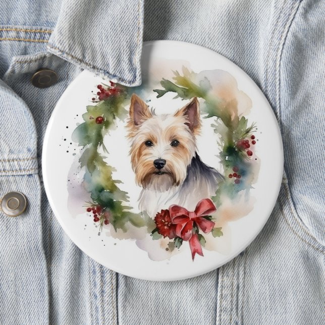 Biewer Terrier Christmas Wreath Festive Pup  6 Inch Round Button (In Situ)