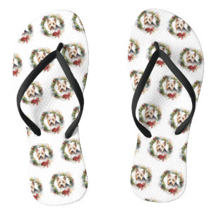 Biewer Terrier Christmas Wreath Festive Pup  Flip Flops