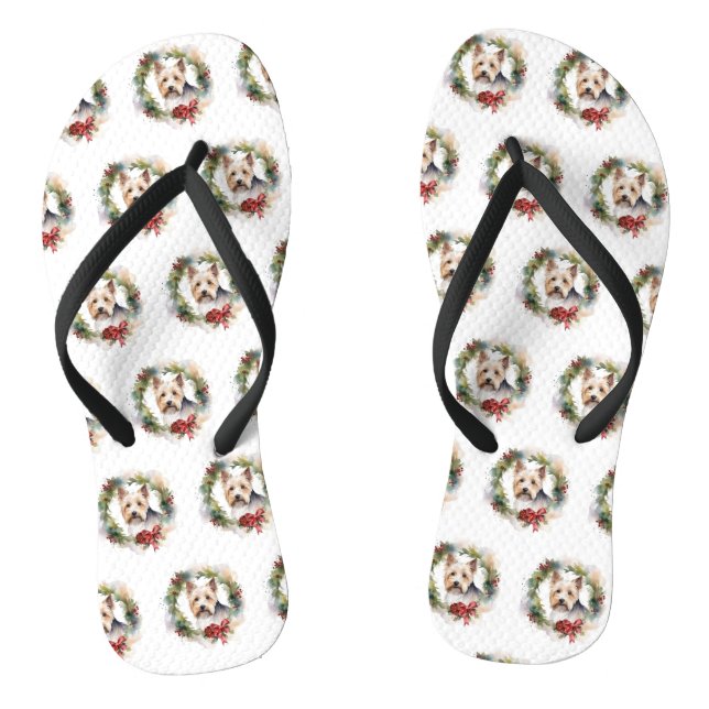 Biewer Terrier Christmas Wreath Festive Pup  Flip Flops (Footbed)