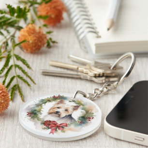 Biewer Terrier Christmas Wreath Festive Pup Keychain