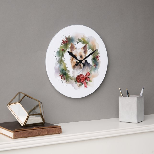 Biewer Terrier Christmas Wreath Festive Pup  Large Clock (Office)