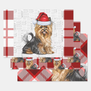 Biewer Terrier Dog and Red Plaid Holiday Wrapping Paper Sheet