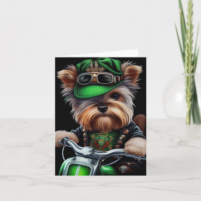 Biewer Terrier Dog Driving Bike St. Patrick's Day Card (Front)
