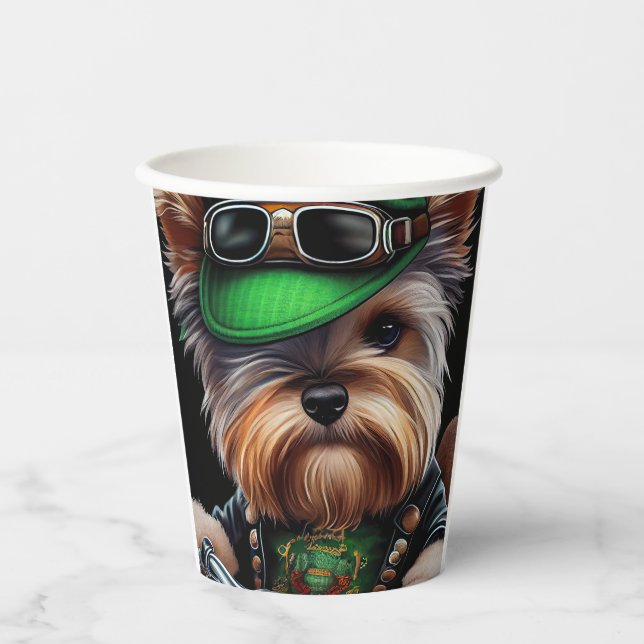 Biewer Terrier Dog Driving Bike St. Patrick's Day Paper Cups (Front)