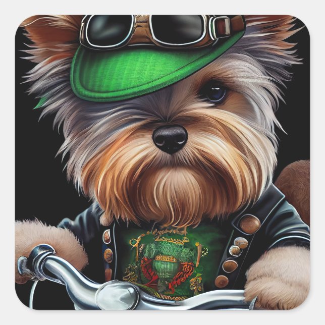 Biewer Terrier Dog Driving Bike St. Patrick's Day Square Sticker (Front)