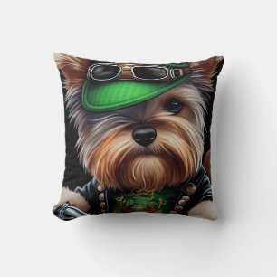 Biewer Terrier Dog Driving Bike St. Patrick's Day Throw Pillow