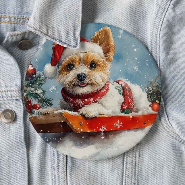 Biewer Terrier Dog in Sledge Let it Snow Christmas 6 Inch Round Button (In Situ)