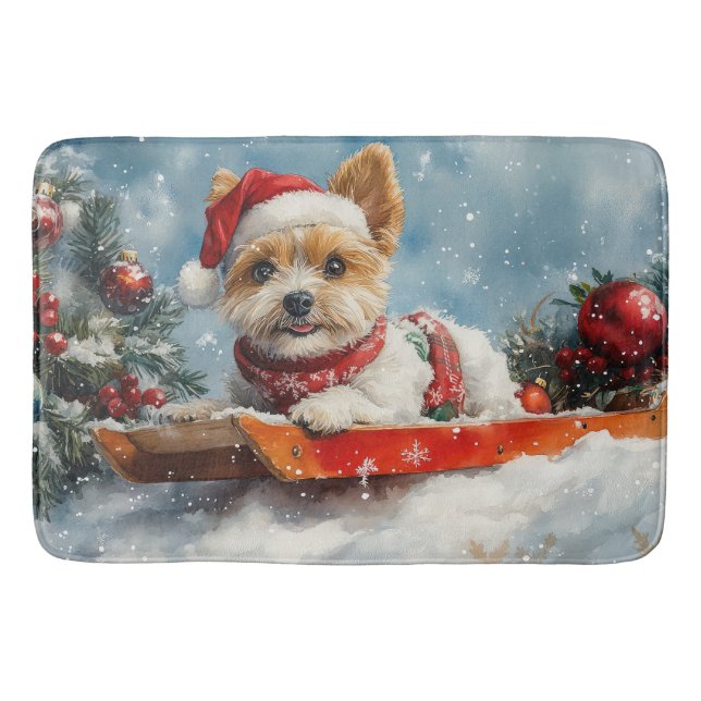 Biewer Terrier Dog in Sledge Let it Snow Christmas Bath Mat (Front)