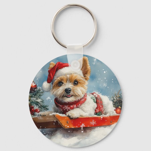 Biewer Terrier Dog in Sledge Let it Snow Christmas Keychain (Front)
