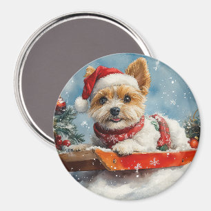 Biewer Terrier Dog in Sledge Let it Snow Christmas Magnet