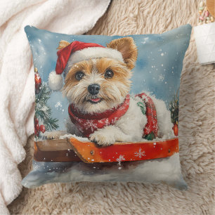Biewer Terrier Dog in Sledge Let it Snow Christmas Throw Pillow