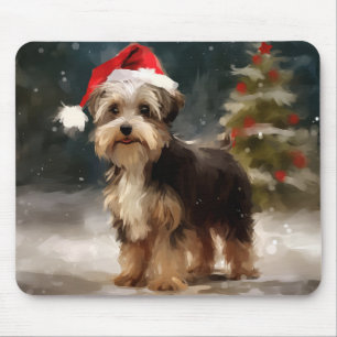 Biewer Terrier Dog in Snow Christmas Mouse Pad