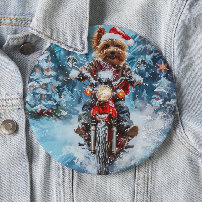 Biewer Terrier Dog Riding Motorcycle Christmas 6 Inch Round Button (In Situ)