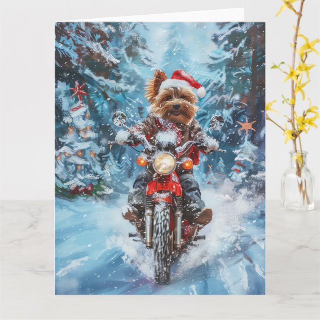 Biewer Terrier Dog Riding Motorcycle Christmas Card (Yellow Flower)