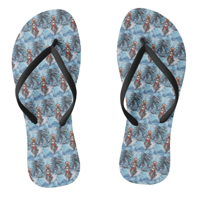 Biewer Terrier Dog Riding Motorcycle Christmas Flip Flops (Footbed)