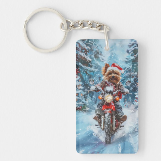 Biewer Terrier Dog Riding Motorcycle Christmas Keychain (Front)