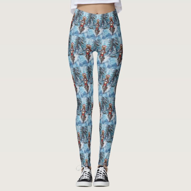 Biewer Terrier Dog Riding Motorcycle Christmas Leggings (Front)