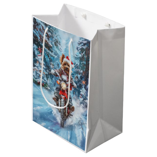 Biewer Terrier Dog Riding Motorcycle Christmas Medium Gift Bag (Front Angled)