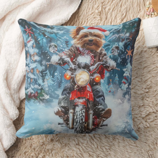 Biewer Terrier Dog Riding Motorcycle Christmas Throw Pillow (Blanket)