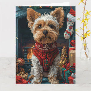 Biewer Terrier Dog with Christmas Gifts Fireplace Card