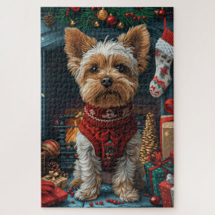 Biewer Terrier Dog with Christmas Gifts Fireplace Jigsaw Puzzle