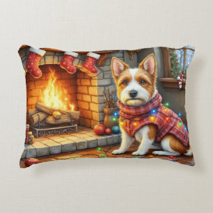 Biewer Terrier Fireplace with Christmas Lights Accent Pillow