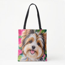 Biewer Terrier Floral Tulip Portrait Tote Bag