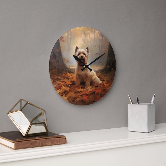 Biewer Terrier in Autumn Leaves Fall Inspire Large Clock (Office)