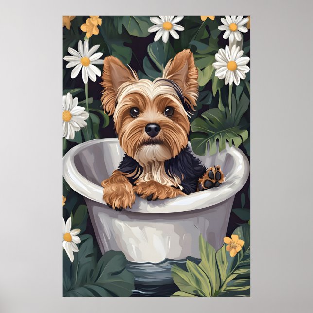 Biewer Terrier In Bathtub Poster, Funny Dog Poster (Front)