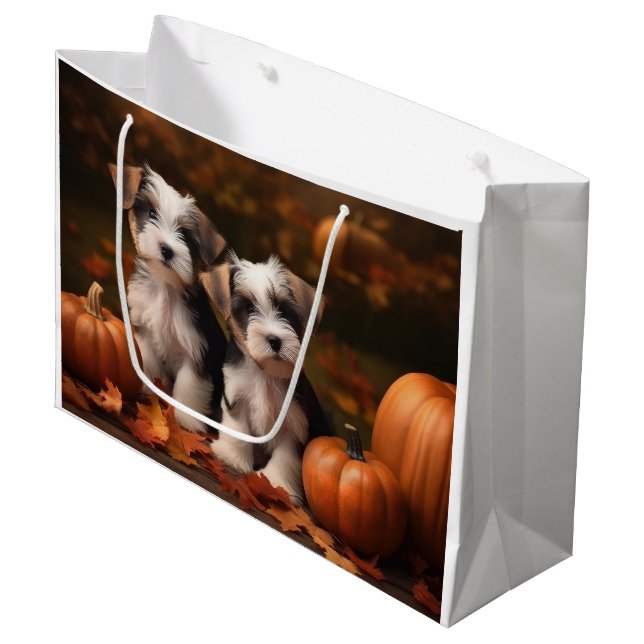 Biewer Terrier Puppy Autumn Delight Pumpkin  Large Gift Bag (Front Angled)