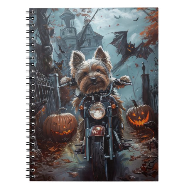 Biewer Terrier Riding Motorcycle Halloween Scary  Notebook (Front)