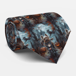 Biewer Terrier Riding Motorcycle Halloween Scary  Tie