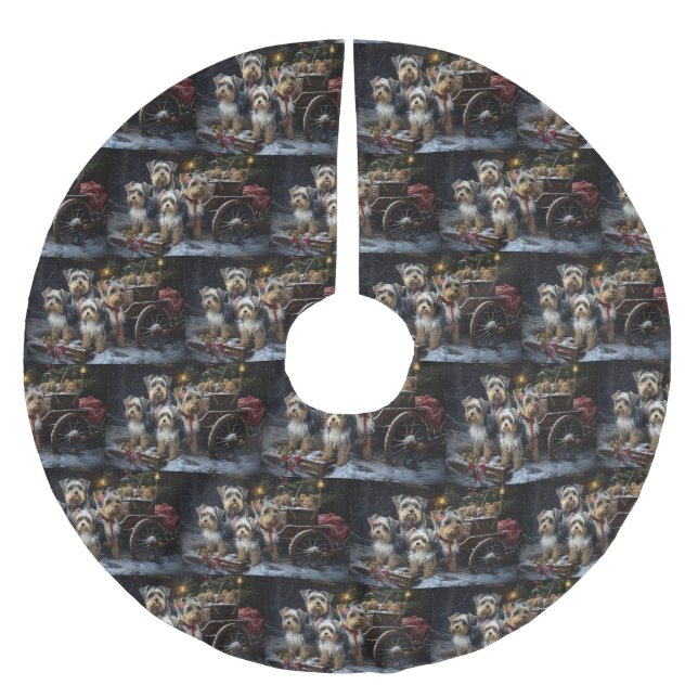 Biewer Terrier Snowy Sleigh Christmas Decor Brushed Polyester Tree Skirt (Front)
